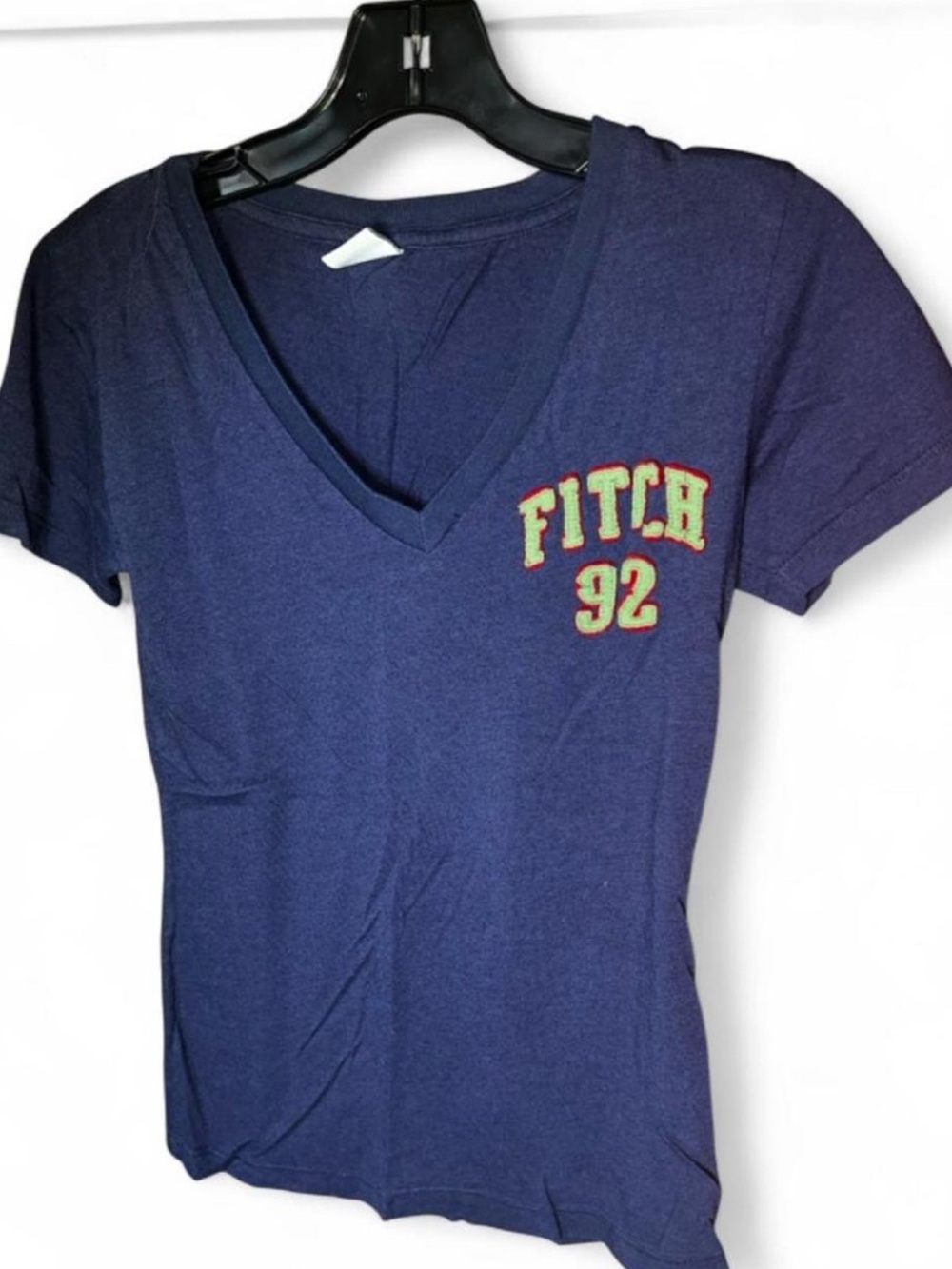 Y2K Abercrombie & Fitch Navy V-Neck Tee with FITCH 92 Patch